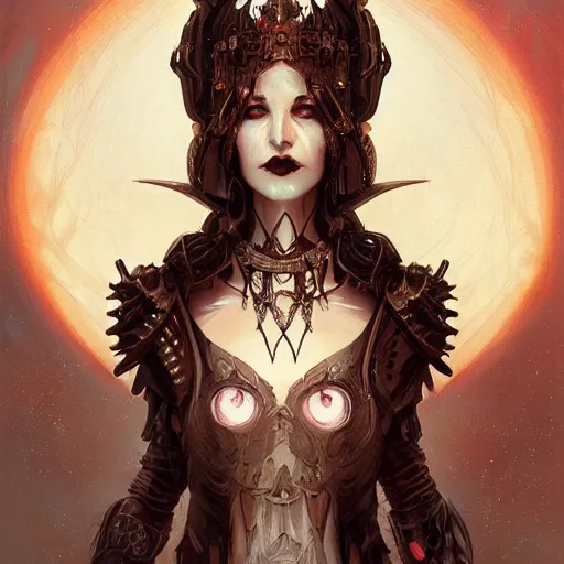 Image similar to queen of death. intricate portrait, occult cyberpunk, ancient futuristic, dark art, occult. by Petros Afshar, by artgerm, by Eddie Mendoza, by Peter mohrbacher