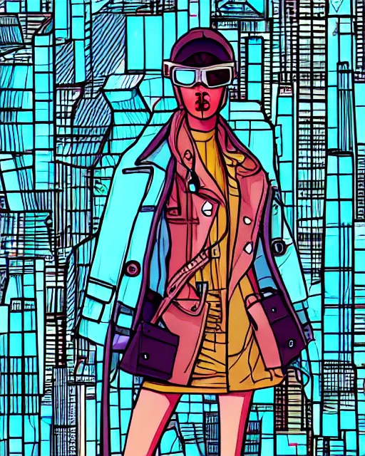 Image similar to cypherpunk fashion illustration, camera face, city street background with high tall buildings, abstract portrait highly detailed, finely detailed