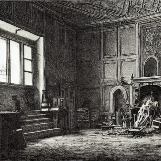 Image similar to living room of an abandonded house, illustration by Gustav Doré