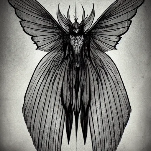 Image similar to photo of mothman with giant wings, cel animation by Junji Ito and Satoshi Kon, professionally post-processed , beautiful, scary, symmetry accurate features, epic, octane rendered, anime masterpiece, accurate