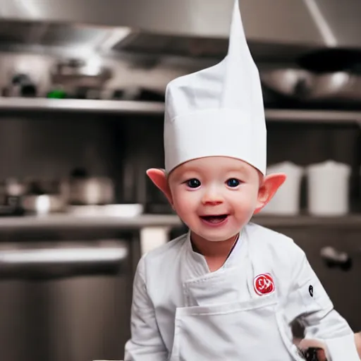 Image similar to tiny and innocent baby yoda appears as a chef wearing a white chefs hat and apron in a beautiful kitchen, preparing some food