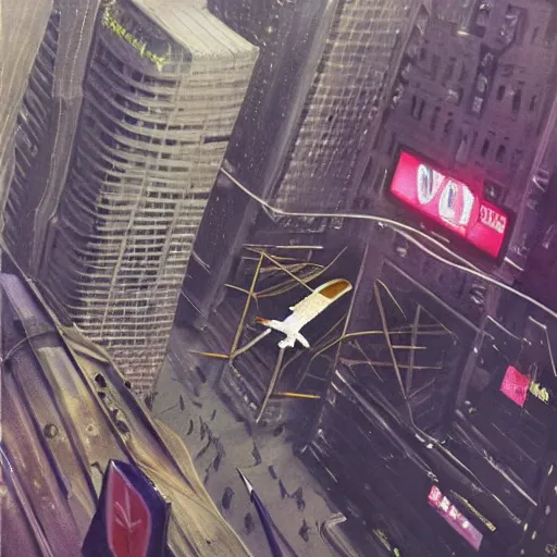 Prompt: bird's eyeview of spaceship landing in times square, nyc, by jeremy mannm greg rutkowski.