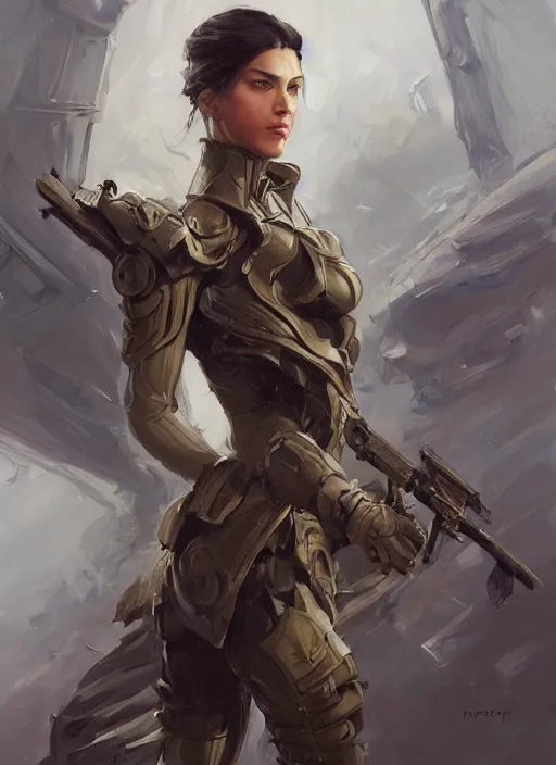 Image similar to a professional painting of a beautiful young female, clothed in military armor, olive skin, long dark hair, beautiful bone structure, symmetrical facial features, intricate, elegant, digital painting, concept art, smooth, sharp focus, illustration, from Metal Gear, by Ruan Jia and Mandy Jurgens and Artgerm and William-Adolphe Bouguerea