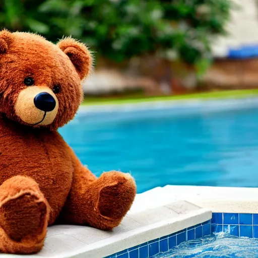 Prompt: a teddy bear playing in a pool