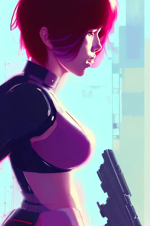 Image similar to a ultradetailed beautiful panting of scarlett johansson as motoko kusanagi, by conrad roset, greg rutkowski and makoto shinkai, trending on artstation