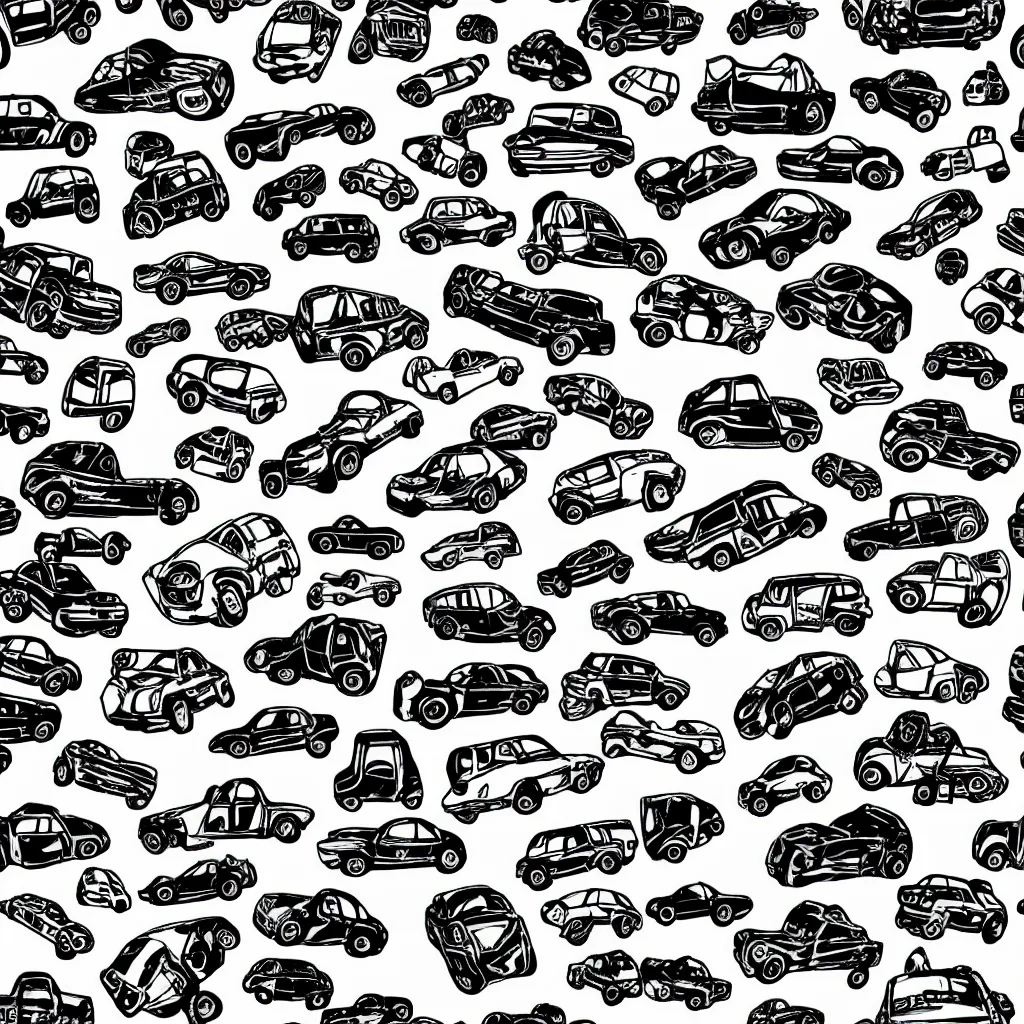 Image similar to seamless tileable pattern showing cars. black and white, drawing, white background, seamless, ornament.