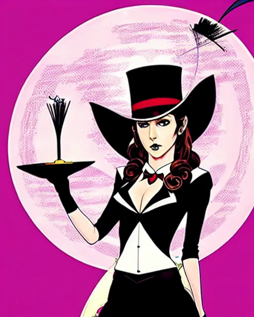 Image similar to beautiful Anna Kendrick Zatanna DC Comics floating on stage, wearing a top hat, symmetrical face symmetrical eyes, smiling, fantasy, intricate details, atmospheric, art by eiichiro oda, Joshua Middleton art