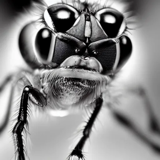 Image similar to a macro photograph of a fly with the head and face of donald trump
