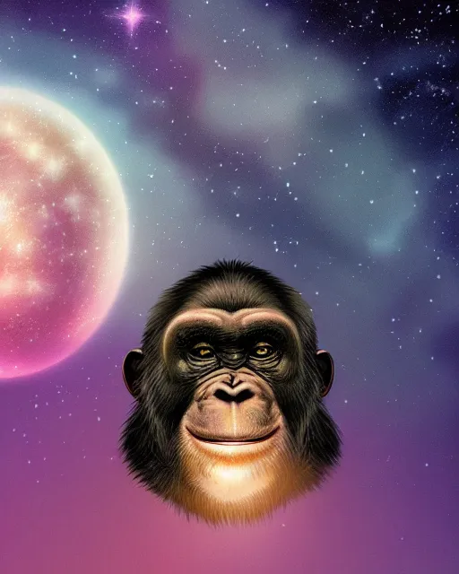 Image similar to very detailed high resolution illustration of a fat chimpanzee, backlit, stars, night, surrounded, 3 d, 8 k, extremely detailed, artstation, award winning