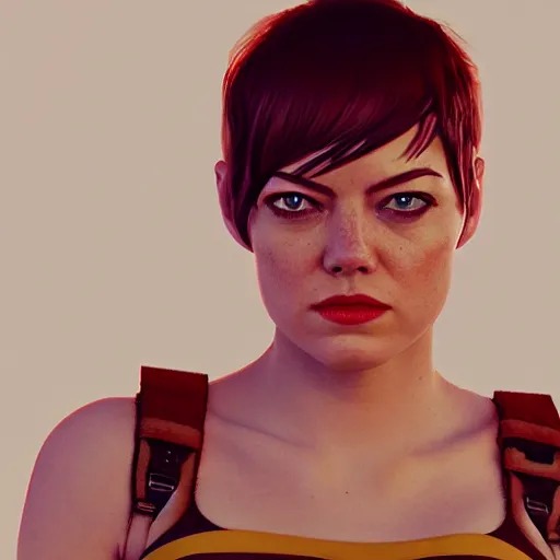 Image similar to Emma Stone as Furiosa by Ilya Kushvikov, symmetrical face concept art, octane render unreal engine meta humans, trending on artstation, desert, main colors orange, yellow, red and white