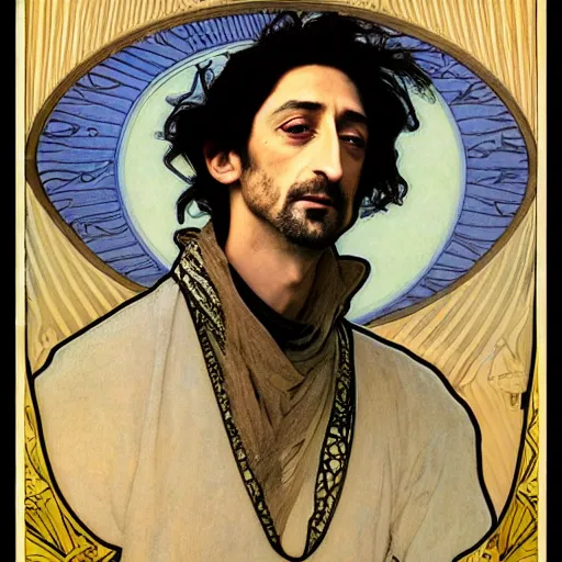 Prompt: adrien brody portrait by louis - theophile hingre and alphonse mucha, realistic, sharp focus, zodiac signs, tarot cards, planets, ethereal, art nouveau, magic, moon, sun, crown, dreamy, royal, jewellery