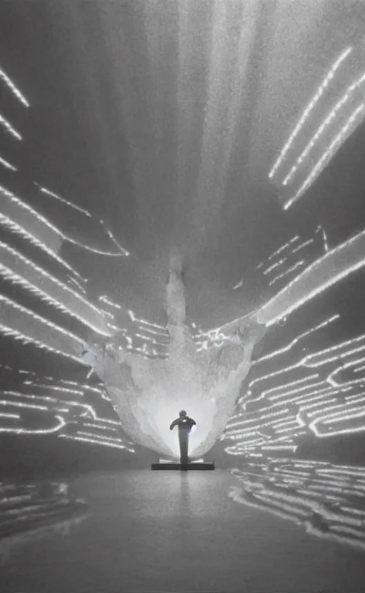 Image similar to light coming out of one starfish - like kaiju anthropomorphic monster, korean film noir by kim jong - il, korean traditional palace, pyongyang city, 1 9 6 0 s, red color bleed, 4 k, video compression, video glitch, monochrome, akira kurosawa, mamoru oshii, wes anderson, stanley kubrick