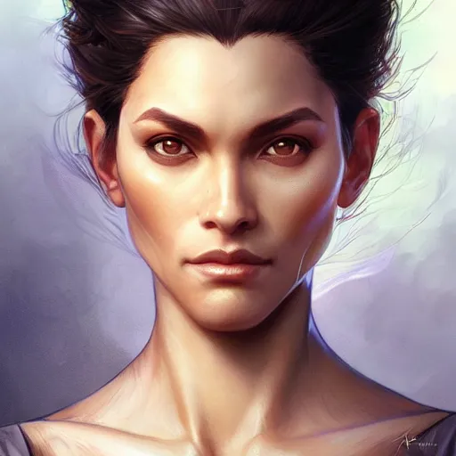 Prompt: beautiful, strong, mixed race, female, aged 4 0, face, head shot, fantasy, highly detailed, digital painting, artstation, concept art, smooth, sharp focus, illustration, art by artgerm and greg rutkowski and alphonse mucha