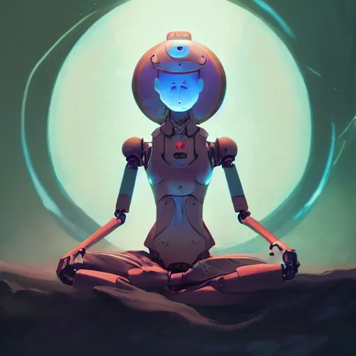 Image similar to a beautiful illustration of a humanoid robot meditating by pete mohrbacher and guweiz and josan gonzalez and and moebius and enki bilal and jean claude meziere, graphic novel