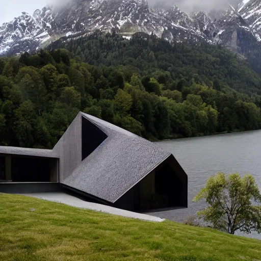 Image similar to a house by the river designed by peter zumthor