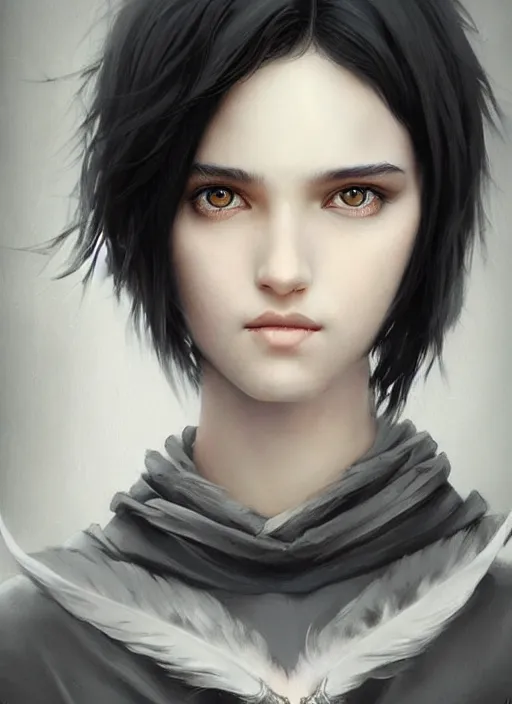 Prompt: a teenage girl with very short black hair and a huge cloak made of grey and black feathers. beautiful highly detailed face. beautiful painting by artgerm and greg rutkowski and raymond swanland