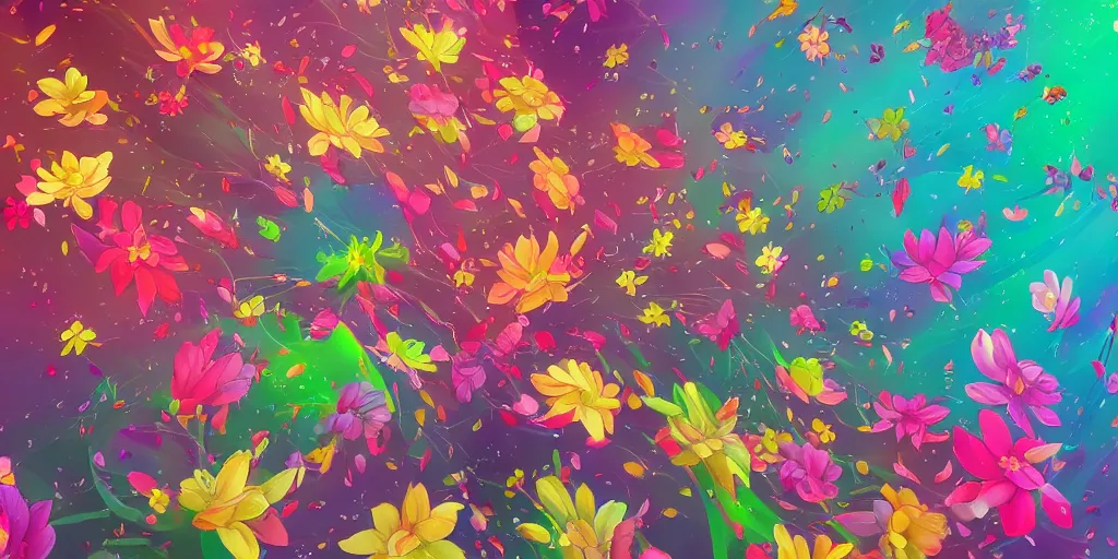 Image similar to background art of spaciously scattered multi colored flower petals flowing through the air from left to right on a clean background, anime, artgerm, manga, trending on artstation, art nouveau