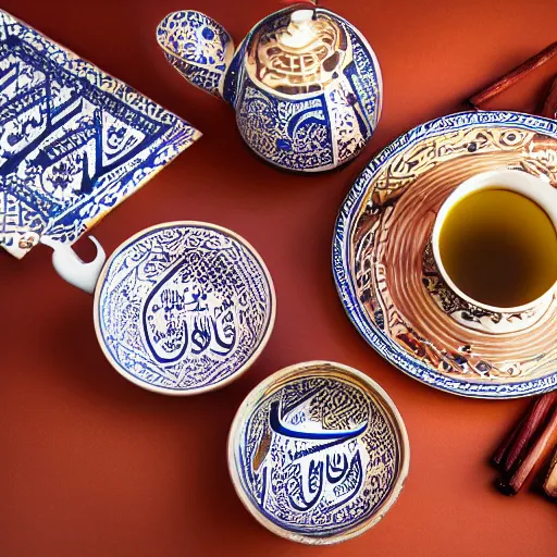 Image similar to arabic calligraphy by pollock, moroccan tea set, product photography, product design