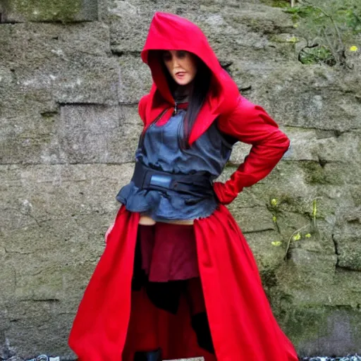 Prompt: full body photo of red riding hood rogue warrior