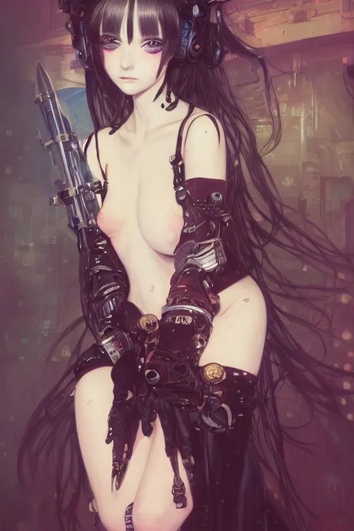 Prompt: portrait of beautiful young gothic cute anime maiden, cyberpunk, Warhammer, highly detailed, artstation, illustration, art by Gustav Klimt and Ilya Kuvshinov