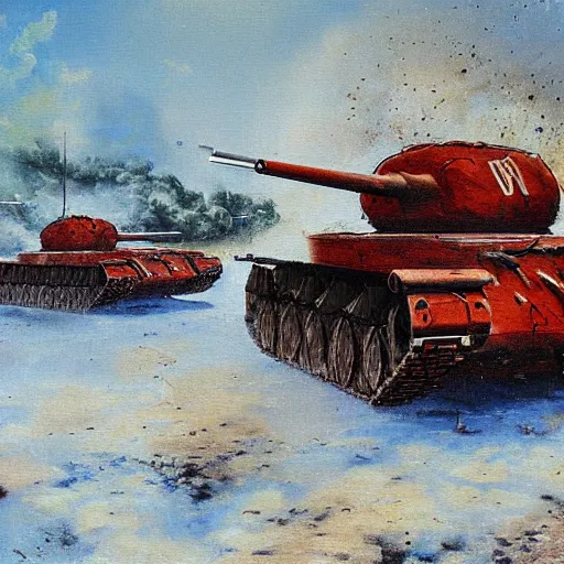 Image similar to soviet tank attack, battle painting by Mikhail Avilov