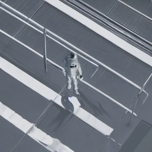 Prompt: mysterious man in silver space suit, walking on an industrial catwalk with stairs that lead nowhere, floating in deep space, 4 k photograph, isometric view