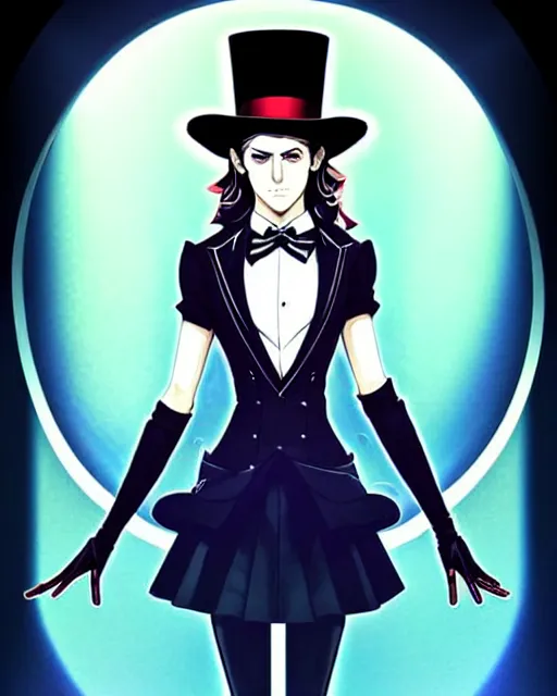 Prompt: beautiful Anna Kendrick Zatanna DC Comics floating on stage wearing top hat, symmetrical face symmetrical eyes, smiling, modern anime, fantasy, eerie, intricate details, atmospheric, elegant, super highly detailed, professional digital painting, concept art, art by artgerm and eiichiro oda and koyoharu gotouge