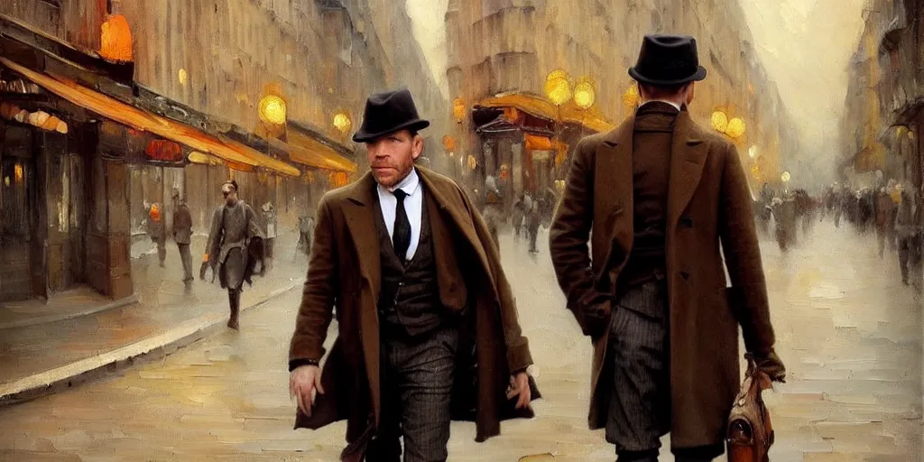 Prompt: we see ewan mcgregor from side. he is dressed as a gentleman at early 2 0 th century paris. atmospheric feeling, warm colours, brown colours, yellow colours, epic scene, cinematic, very detailed, oil painting