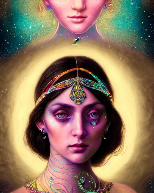 Image similar to portrait of an ethereal gypsy woman with detailed eyes, crystal ball, glowing face, in space with a half moon, photorealistic, colorful dress, in the style of ilya kuvshinov, donato giancola, holographic undertones, art nouveau zodiac galaxy background, intricate, flowing dress, smooth, sharp focus, dramatic lighting, illustration, hdr, artgerm