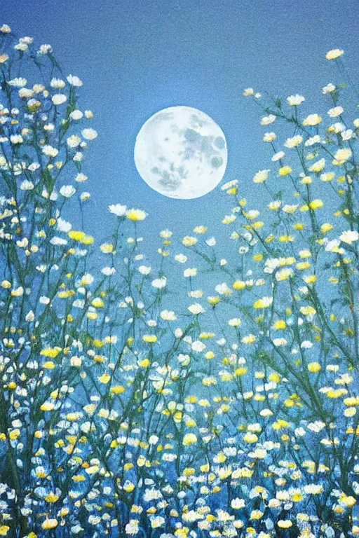 Image similar to night, the moon is shining in blue, the blue color of the moon chamomile field, unfinished house!!!!!, shadows from trees, hyperrealism!!!!!!!