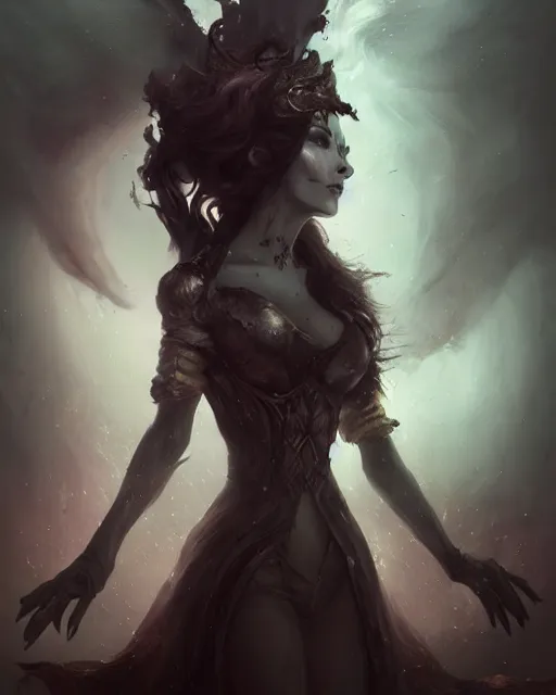 Image similar to bastien lecouffe deharme and wlop detailed portrait digital rococo painting of a beautiful serious villainess wearing fantasy clothing like liliana vess, villainess has black angel wings, evil mood, hellish battlefield in the background, unreal engine, embers flying, hyper realism, realistic shading, cinematic composition, blender render, octane render, ultrawide shot