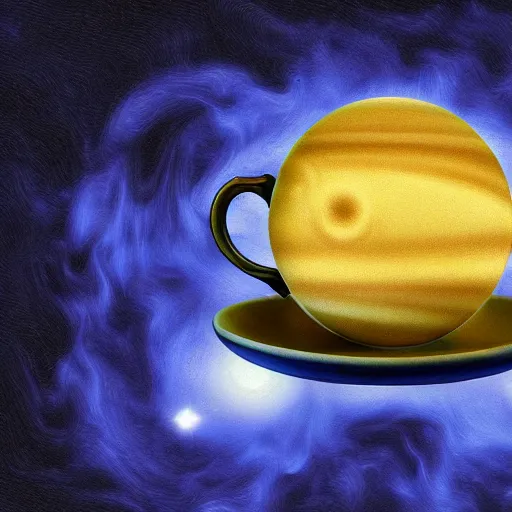 Prompt: a teacup containing a planet Jupiter as a boiling liquid, hyper realistic, digital art, colorful