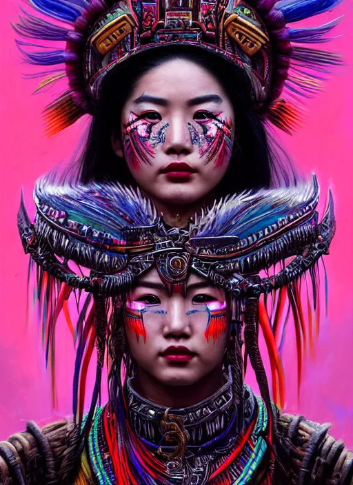 Image similar to portrait of liu yifei, hyper detailed ultra sharp aztec shaman warrior. trending on artstation, warpaint aesthetic, bloodwave, colorful, psychedelic, ornate, intricate, digital painting, concept art, smooth, sharp focus, illustration, art by artgerm and greg rutkowski and h. r. giger, 8 k