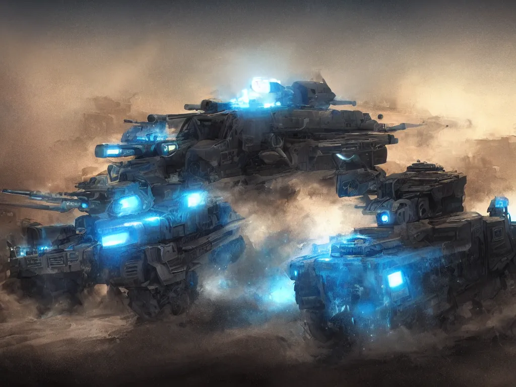 Image similar to an image of an armored vehicle with railgun cannon in the night desert with blue headlights on by Paul Chadeisson, atmospherical, stormy weather, concept art, high detail, intimidating , cinematic, Artstation trending, octane render