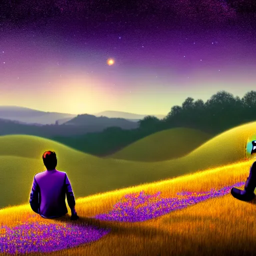 Image similar to idealized detailed image of a content man thinking to himself while in a dream-like environment, looking over a landscape of bright, rolling hills, a quaint little village in the background and starlit skies, the sky has purple/light orange undertones