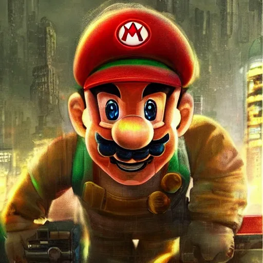 Prompt: realistic concept art of cyberpunk - themed mario from super mario bros