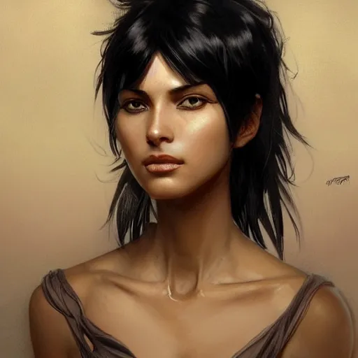 Image similar to woman with short, spiky black hair and dark skin, slanted amber eyes, long thin scar on her face. highly detailed, digital painting, artstation, concept art, sharp focus, beautiful face, expressive eyes, illustration, art by Artgerm and greg rutkowski and alphonse mucha