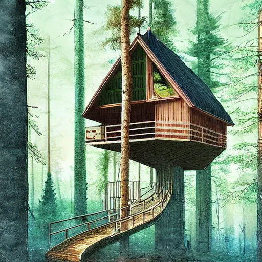 Image similar to Ramped Entrance - 'Woodnest' Cabin Is a Tiny Self-Supported Tree House in This overgrown futuristic sci-fi Norwegian Forest, Nice colour scheme, soft warm colour. Studio Gibli. Beautiful detailed watercolor by Lurid. (2022)