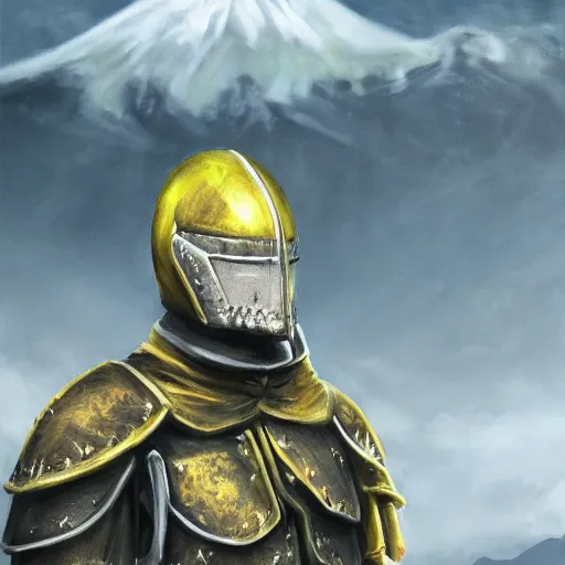 Image similar to realistic portrait of a pale yellow knight in front of mount kilimanjaro, gothic style, festive colors, digital art, trending on artstation, high quality, extreme detail, high quality, hyperdetailed