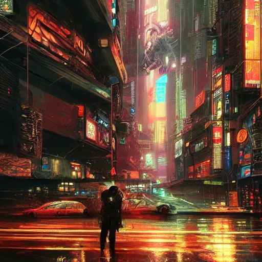 Prompt: a painting of cyberpunk tokyo ultra realistic, colour, concept art, intricate details, night, thunder, raining, eerie, highly detailed, dark fantasy, photorealistic, octane render, 8 k, unreal engine 5. art by artgerm and craig mullins, greg rutkowski and bill sienkiewicz