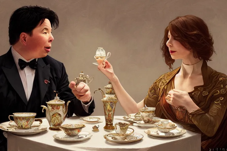 Prompt: michael mcintyre and faith brown having tea at the ritz, real life skin, intricate, elegant, highly detailed, artstation, concept art, smooth, sharp focus, art by artgerm and greg rutkowski and alphonse mucha