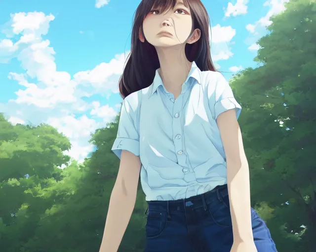 Image similar to teen looking at blue sky, wearing white shirt, back turned, looking up, illustration, by pine ( ハイネ ) and 薯 子 imoko and 香 川 悠 作 and wlop and maya takamura, highly detailed, trending artstation, pixiv, digital art