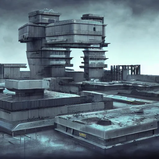 Image similar to scifi brutalist industrial complex, photorealistic