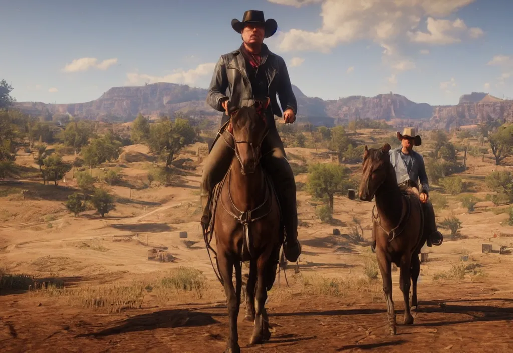 Image similar to elon musk in the red dead redemption 2, elon musk in the video game red dead redemption 2, gameplay screenshot, close up, 3 d rendering. unreal engine. amazing likeness. very detailed.