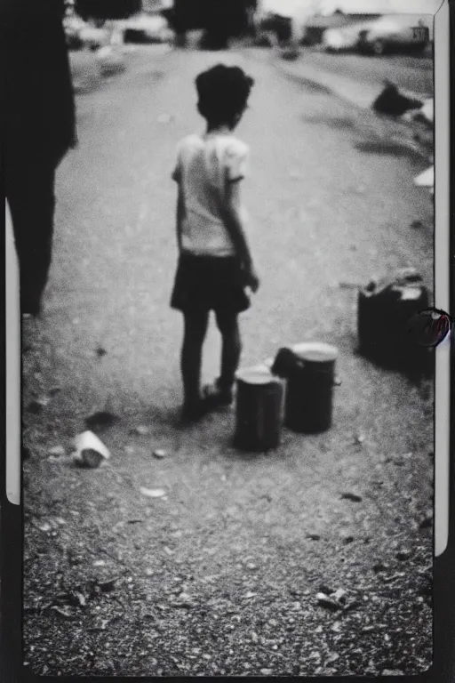 Image similar to photo polaroid of a sad and lonely child in the middle of a small street where there are tents of field hospitals all around, pandemic, loneliness, black and white ,photorealistic, 35mm film,