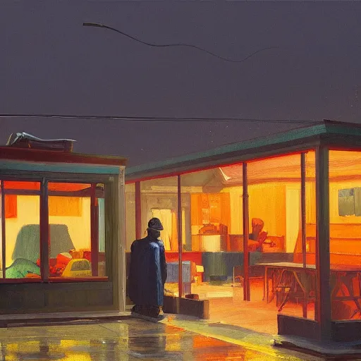 Image similar to a photorealistic digital rendering of a rain soaked shanty town at night by Edward Hopper and James Gilleard, oil painting