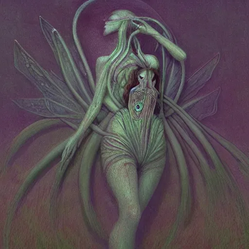 Prompt: a beautiful fairy girl inspired by zdzislaw beksinski, giger, and cam de leon