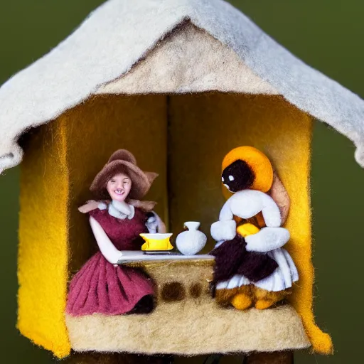 Prompt: an anthropomorphic stop motion little worker bee having a tea party with another worker at the entrance of their hive while on break, both are wearing victorian dresses, photography, felt, plush, yarn, high resolution, photorealistic, national geographic