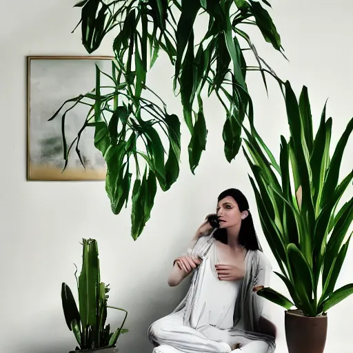 Image similar to a room full of beautiful house plants and a pretty woman with pale skin, long black hair, abstract, beautiful digital art trending on artstation