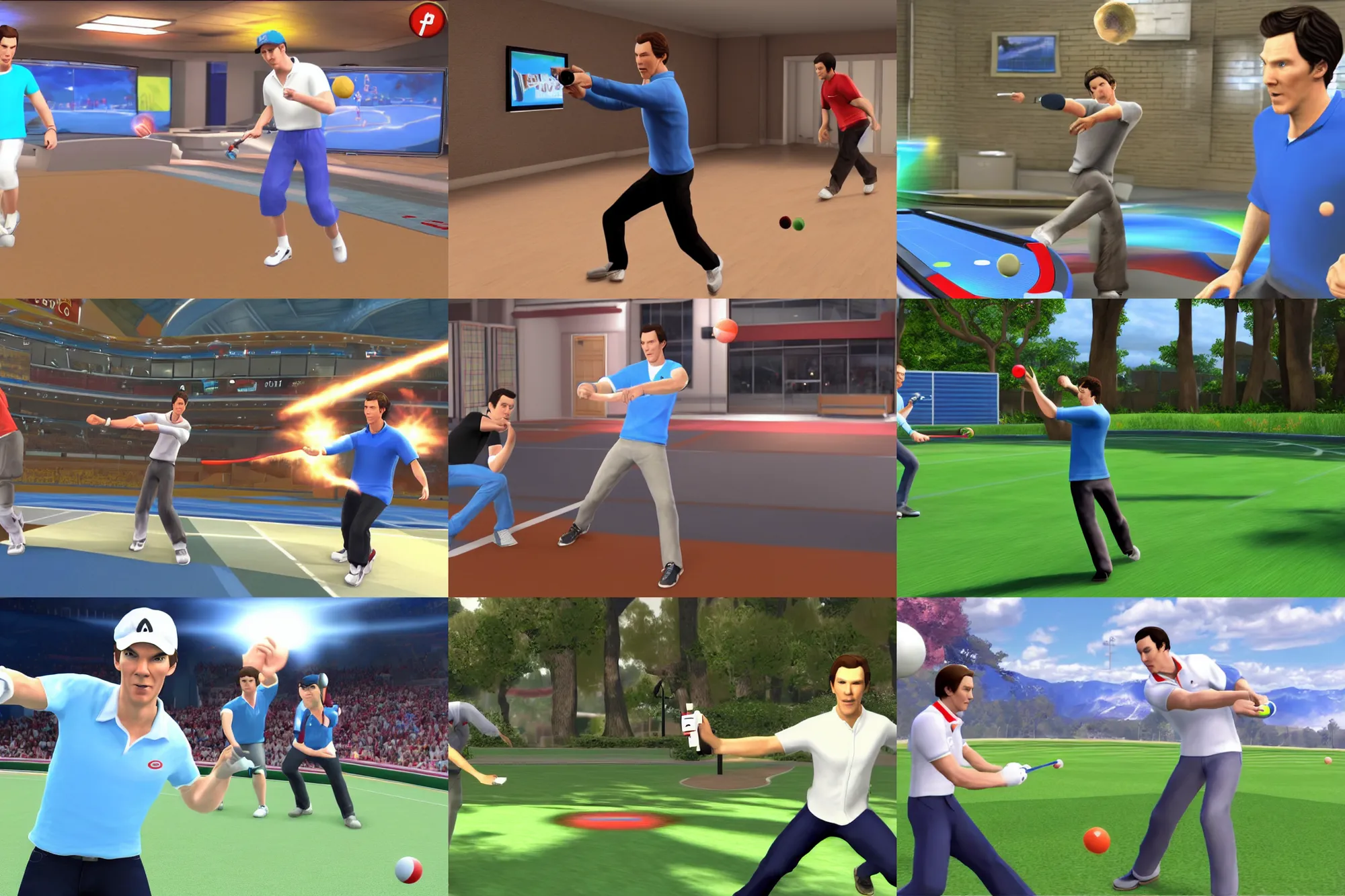 Prompt: a promotional gameplay screenshot of benedict cumberbatch in the video game wii sports. 3 d rendering. very detailed